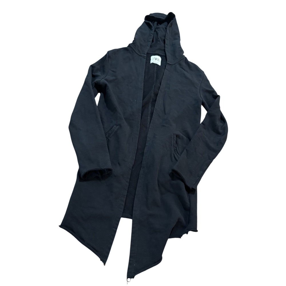 Zara‎ Black Hooded Open Front Longline Cardigan Asymmetric Hem Sweatshirt Small